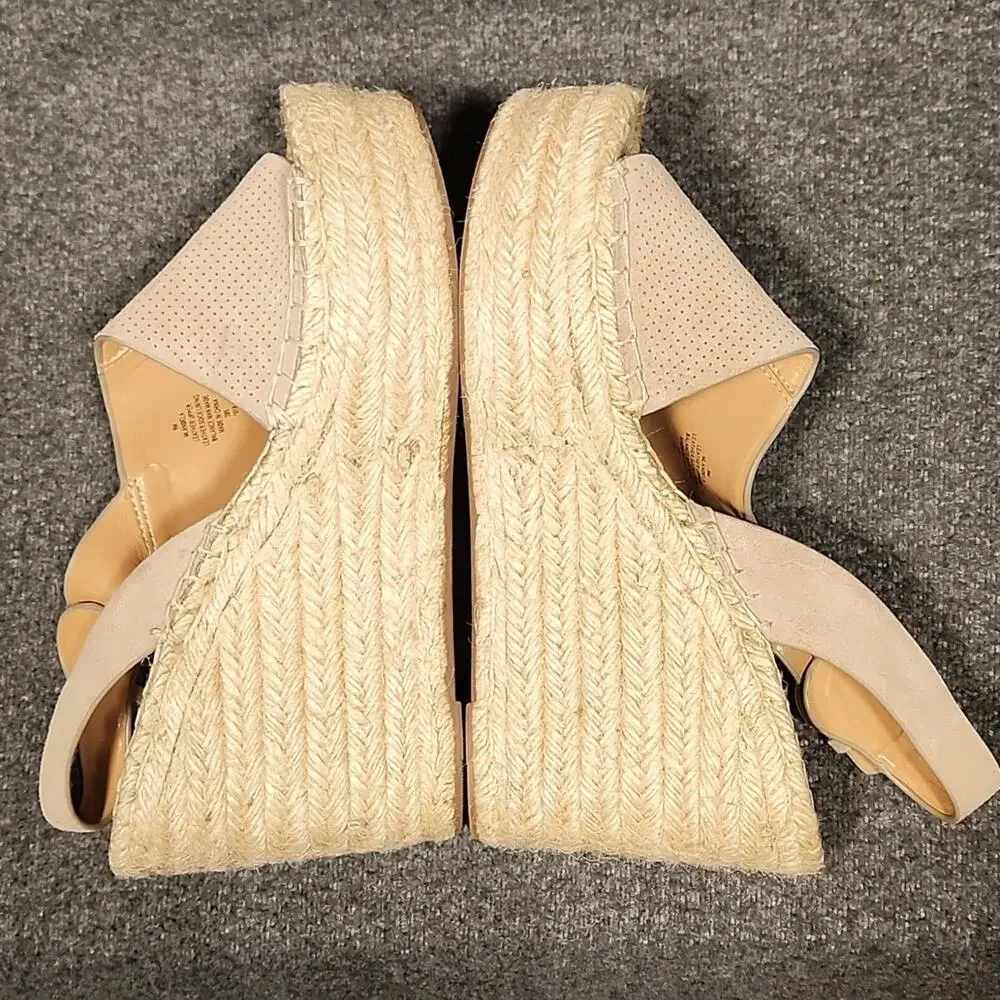 MARC FISHER ANDELA Tan Suede Leather Platform Espadrille Sandal Womens 9M FLAWED